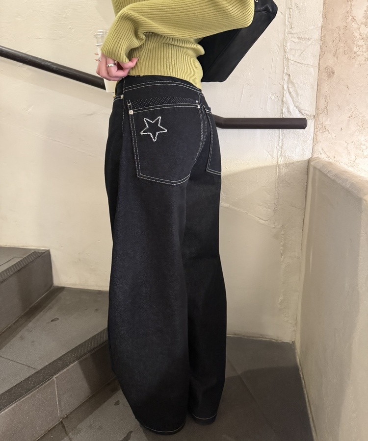 포켓 포인트 와이드 데님 팬츠 블랙