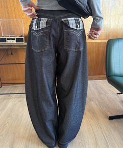 チェックステッチワイドパンツ BLACK DENIM