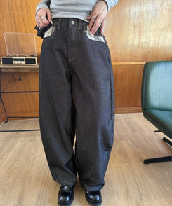 チェックステッチワイドパンツ BLACK DENIM