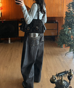 チェックステッチワイドパンツ BLACK DENIM