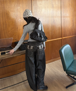 チェックステッチワイドパンツ BLACK DENIM