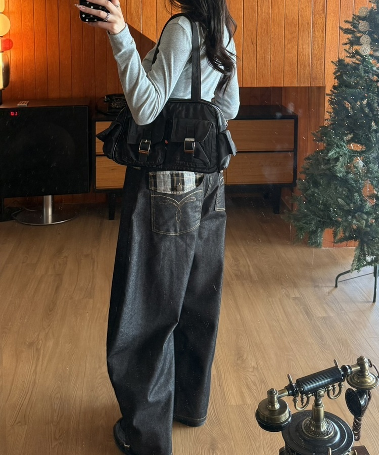 체크 스티치 와이드 팬츠 흑청