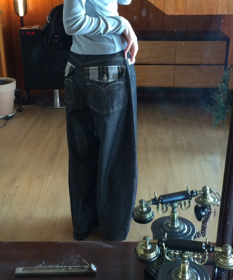 체크 스티치 와이드 팬츠 흑청