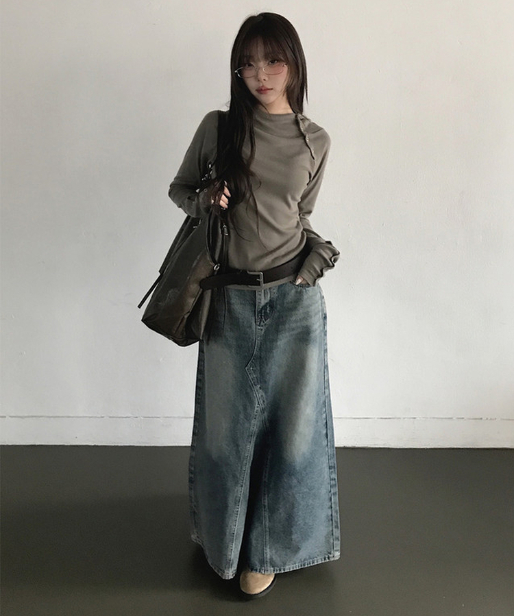 ウォッシュ加工切替デニムマキシロングスカート(5color) MIDDLE BLUE