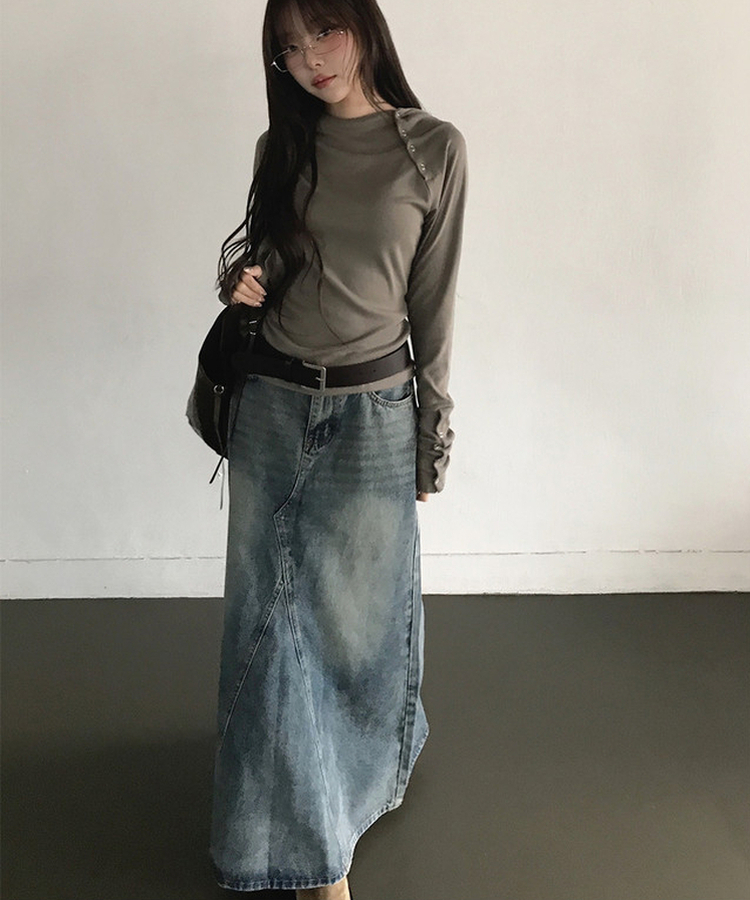 ウォッシュ加工切替デニムマキシロングスカート(5color) MIDDLE BLUE