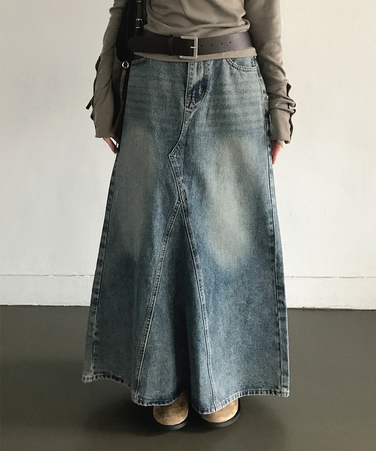 ウォッシュ加工切替デニムマキシロングスカート(5color) MIDDLE BLUE