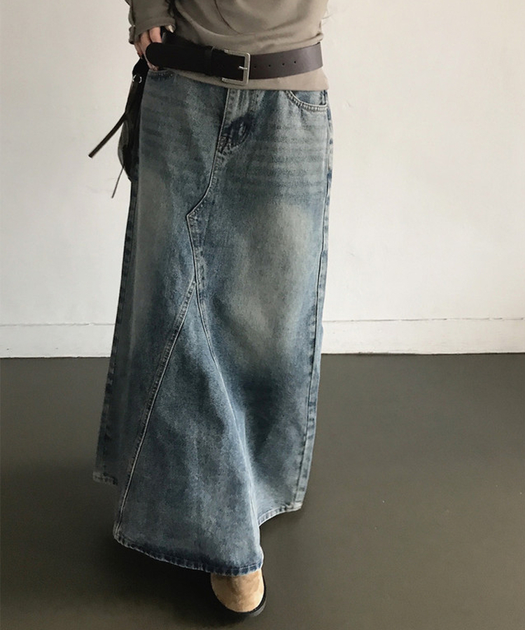 ウォッシュ加工切替デニムマキシロングスカート(5color) MIDDLE BLUE