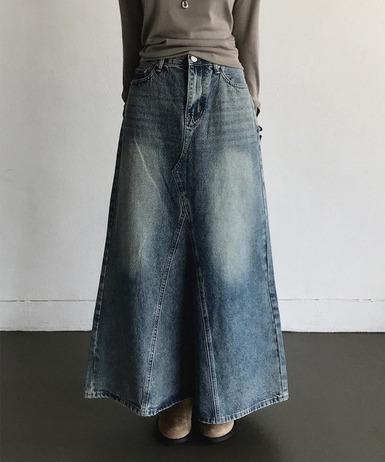 ウォッシュ加工切替デニムマキシロングスカート(5color) MIDDLE BLUE