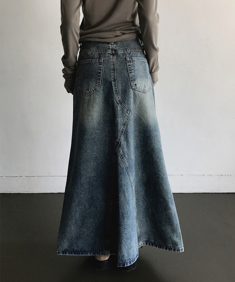 ウォッシュ加工切替デニムマキシロングスカート(5color) MIDDLE BLUE