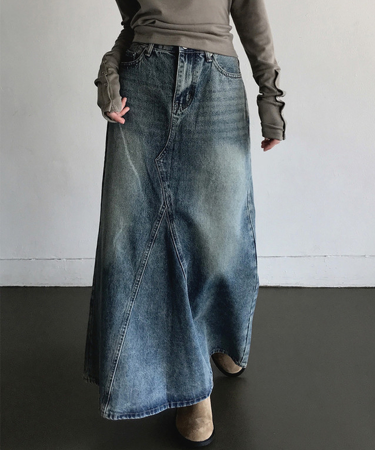 ウォッシュ加工切替デニムマキシロングスカート(5color) MIDDLE BLUE