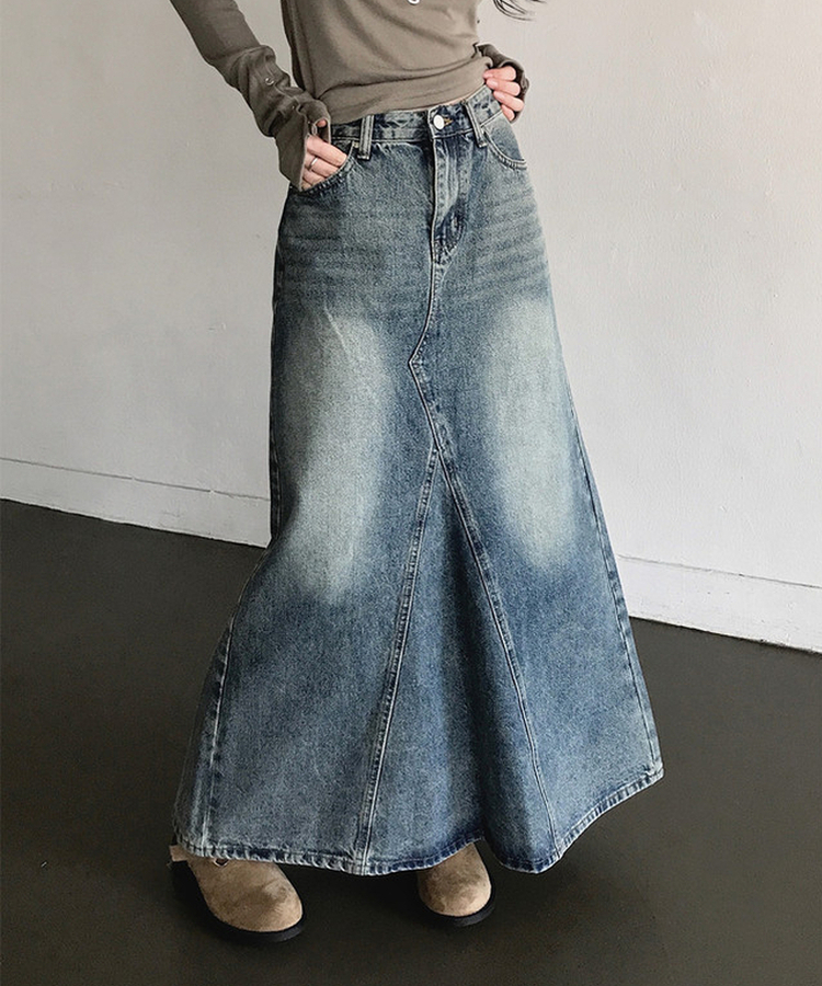ウォッシュ加工切替デニムマキシロングスカート(5color) MIDDLE BLUE