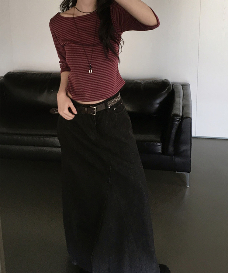 ウォッシュ加工切替デニムマキシロングスカート(5color) BLACK DENIM