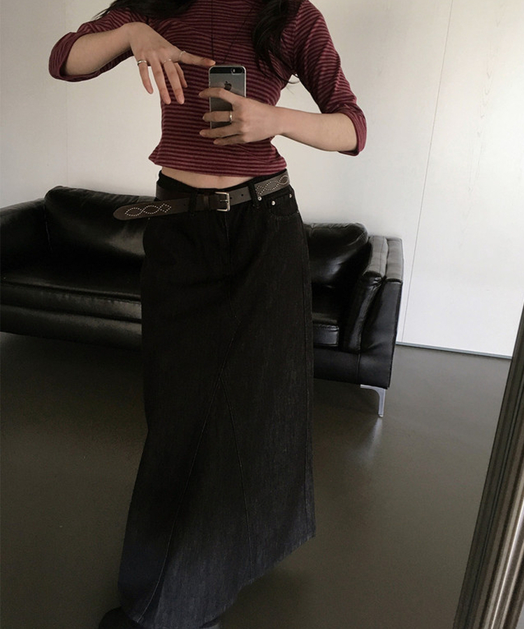 ウォッシュ加工切替デニムマキシロングスカート(5color) BLACK DENIM