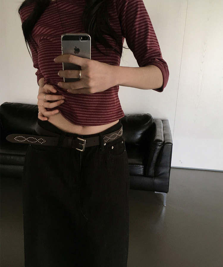 ウォッシュ加工切替デニムマキシロングスカート(5color) BLACK DENIM