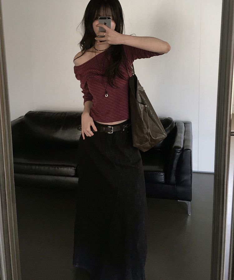 ウォッシュ加工切替デニムマキシロングスカート(5color) BLACK DENIM