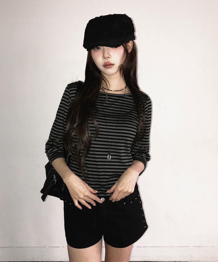 ボートネックボーダー7分袖長袖Tシャツ CHARCOAL