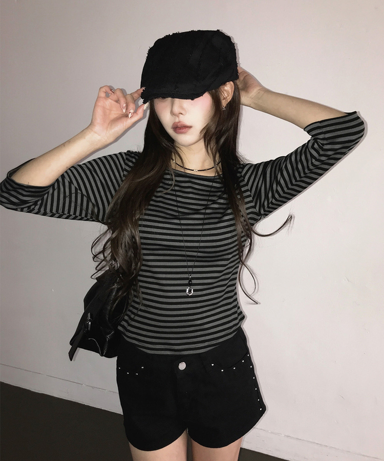 ボートネックボーダー7分袖長袖Tシャツ CHARCOAL