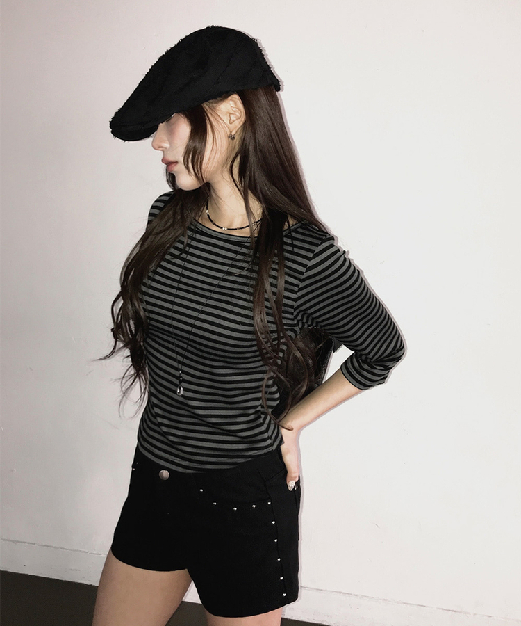 ボートネックボーダー7分袖長袖Tシャツ CHARCOAL