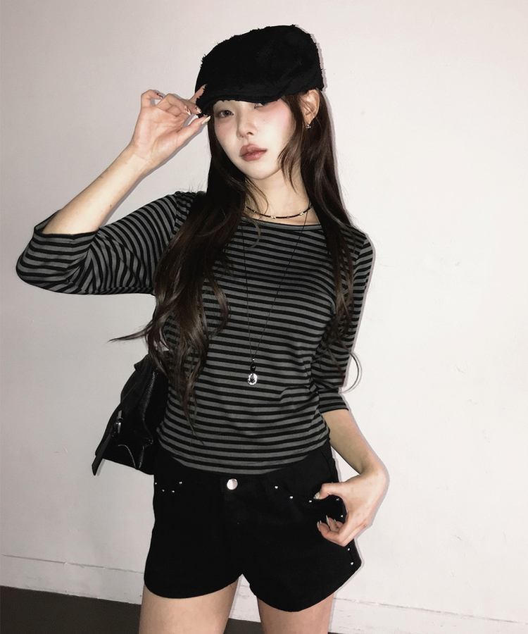 ボートネックボーダー7分袖長袖Tシャツ CHARCOAL