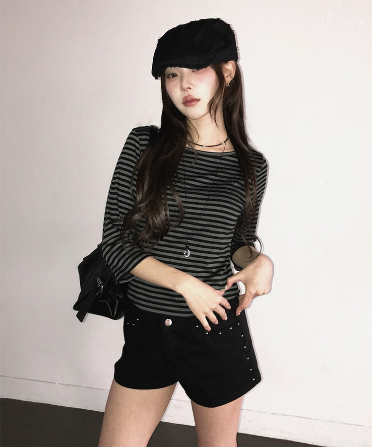 ボートネックボーダー7分袖長袖Tシャツ CHARCOAL