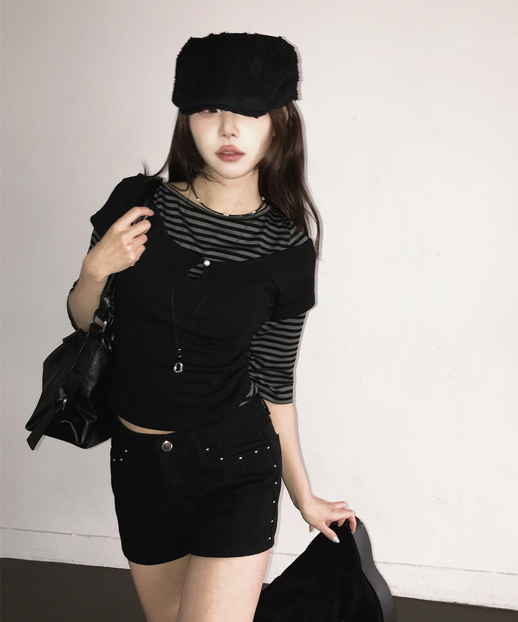 ボートネックボーダー7分袖長袖Tシャツ CHARCOAL