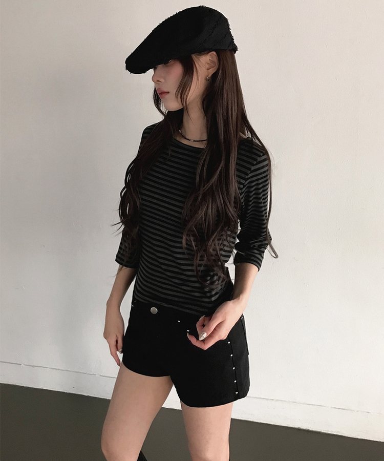 ボートネックボーダー7分袖長袖Tシャツ CHARCOAL