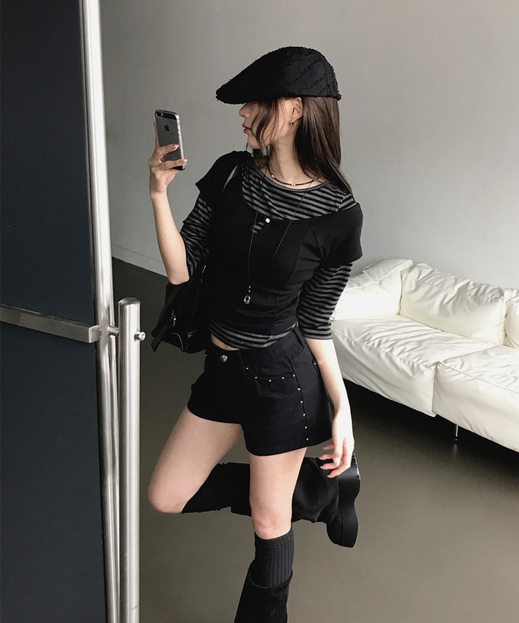 ボートネックボーダー7分袖長袖Tシャツ CHARCOAL