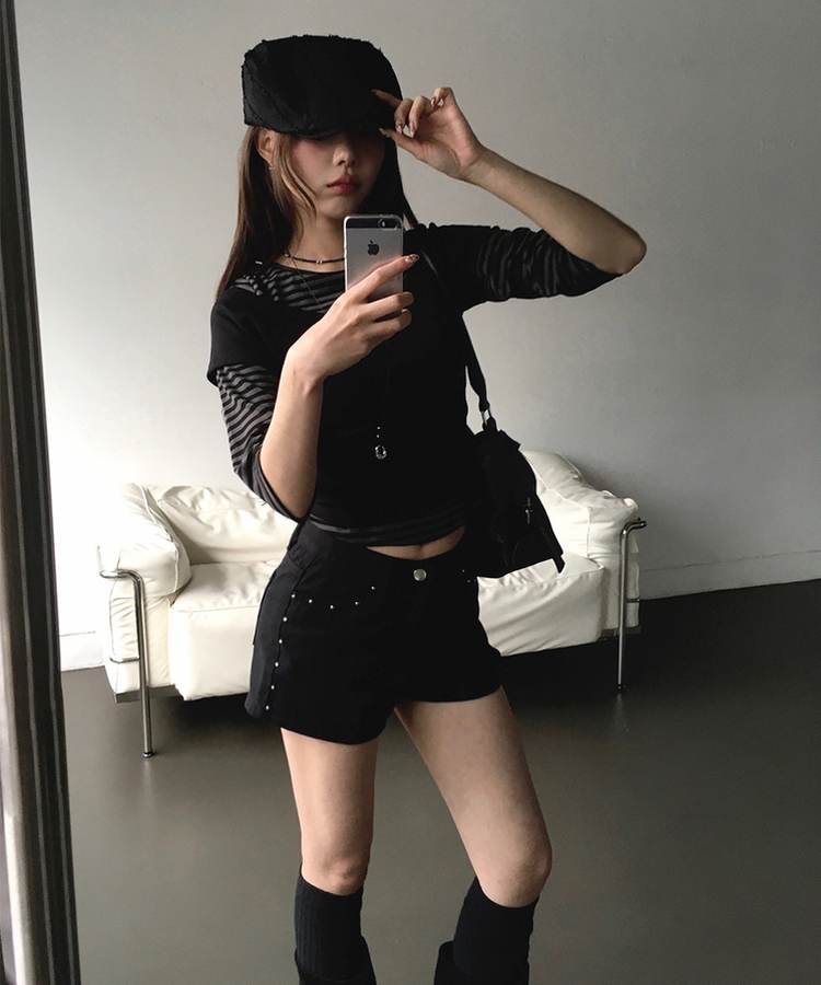 ボートネックボーダー7分袖長袖Tシャツ CHARCOAL