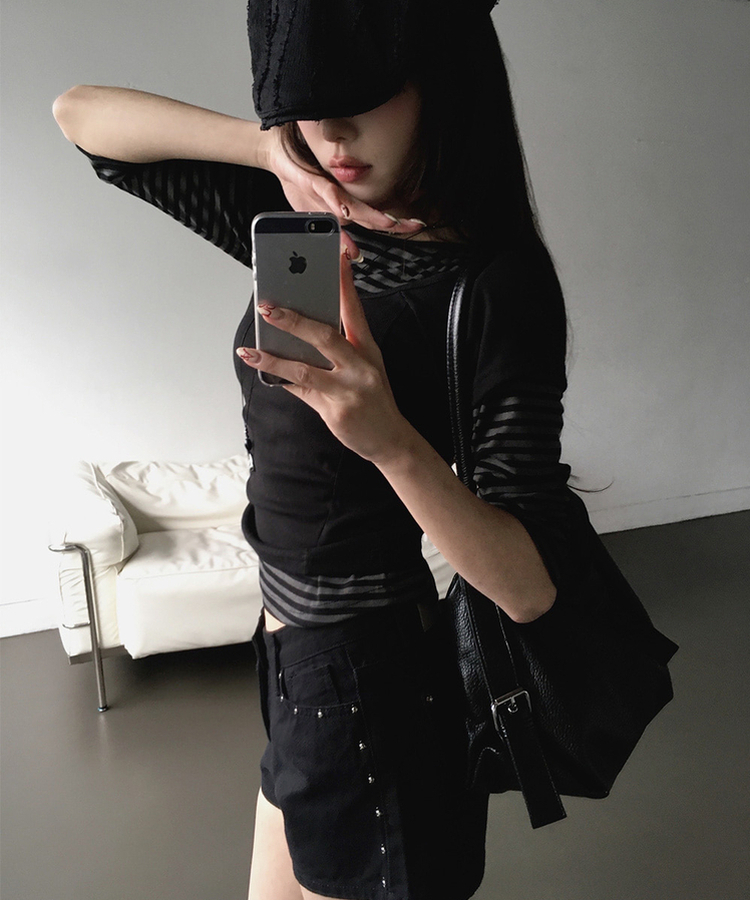 ボートネックボーダー7分袖長袖Tシャツ CHARCOAL