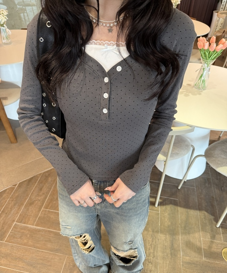 【❤️MADE】레이스 리본 긴팔티셔츠 차콜