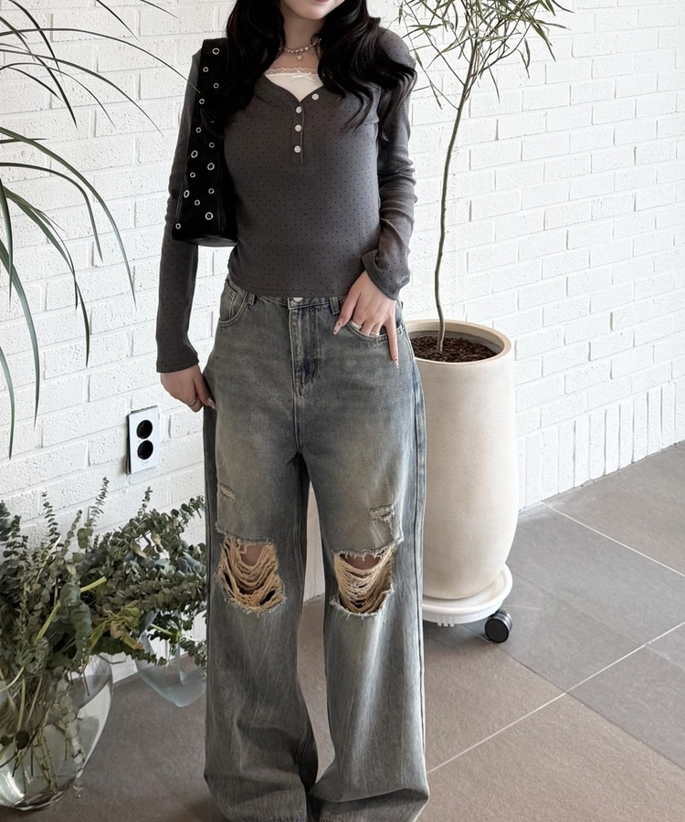 【❤️MADE】레이스 리본 긴팔티셔츠 차콜