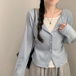 오즈 레이어드 긴팔티 라운드넥 골지 크롭 셔링 긴팔 가디건 티셔츠 긴소매티셔츠 상의 봄 아우터 봄옷 가을 가을옷 소라