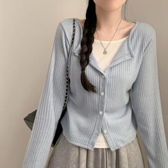 오즈 레이어드 긴팔티 라운드넥 골지 크롭 셔링 긴팔 가디건 티셔츠 긴소매티셔츠 상의 봄 아우터 봄옷 가을 가을옷 소라