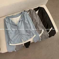 오즈 레이어드 긴팔티 라운드넥 골지 크롭 셔링 긴팔 가디건 티셔츠 긴소매티셔츠 상의 봄 아우터 봄옷 가을 가을옷