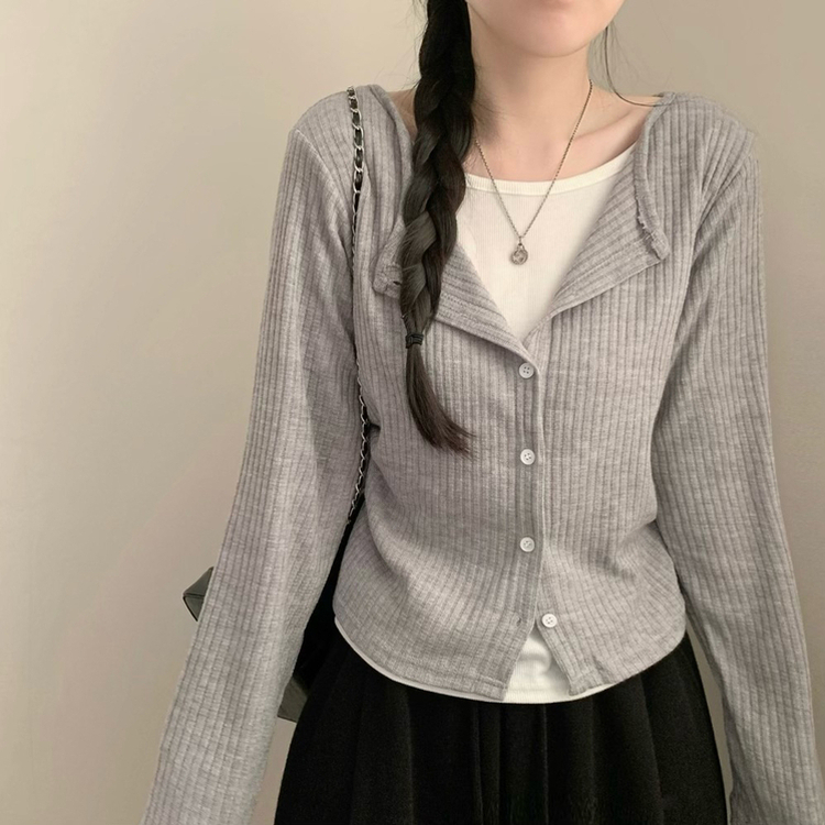 오즈 레이어드 긴팔티 라운드넥 골지 크롭 셔링 긴팔 가디건 티셔츠 긴소매티셔츠 상의 봄 아우터 봄옷 가을 가을옷 그레이