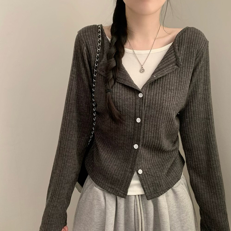 오즈 레이어드 긴팔티 라운드넥 골지 크롭 셔링 긴팔 가디건 티셔츠 긴소매티셔츠 상의 봄 아우터 봄옷 가을 가을옷 먹색