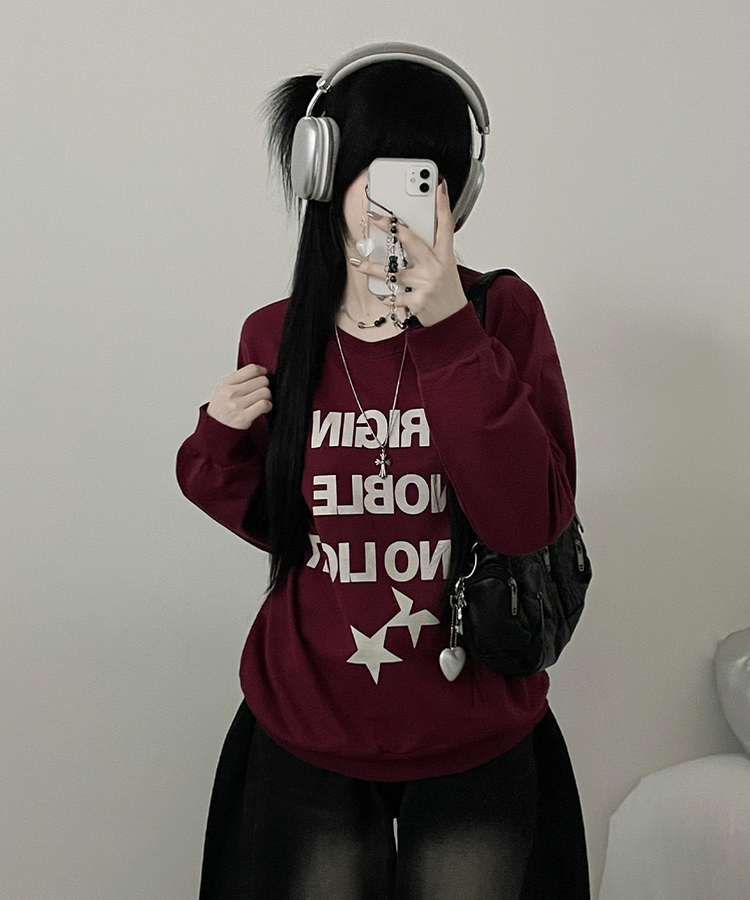 노블레터링스타프린팅오버핏긴팔맨투맨 버건디