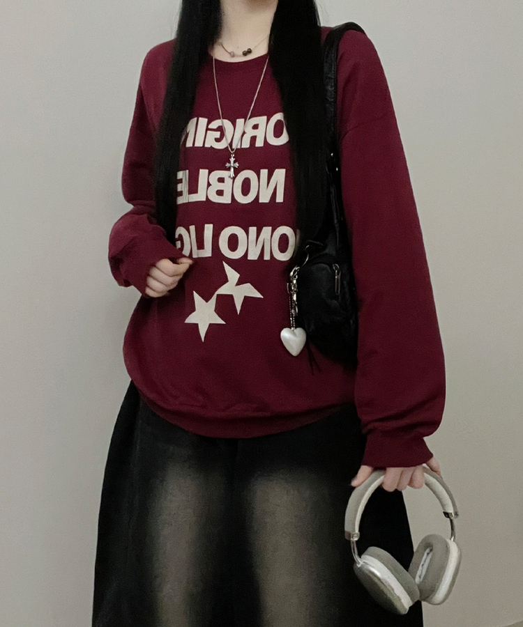 노블레터링스타프린팅오버핏긴팔맨투맨 버건디