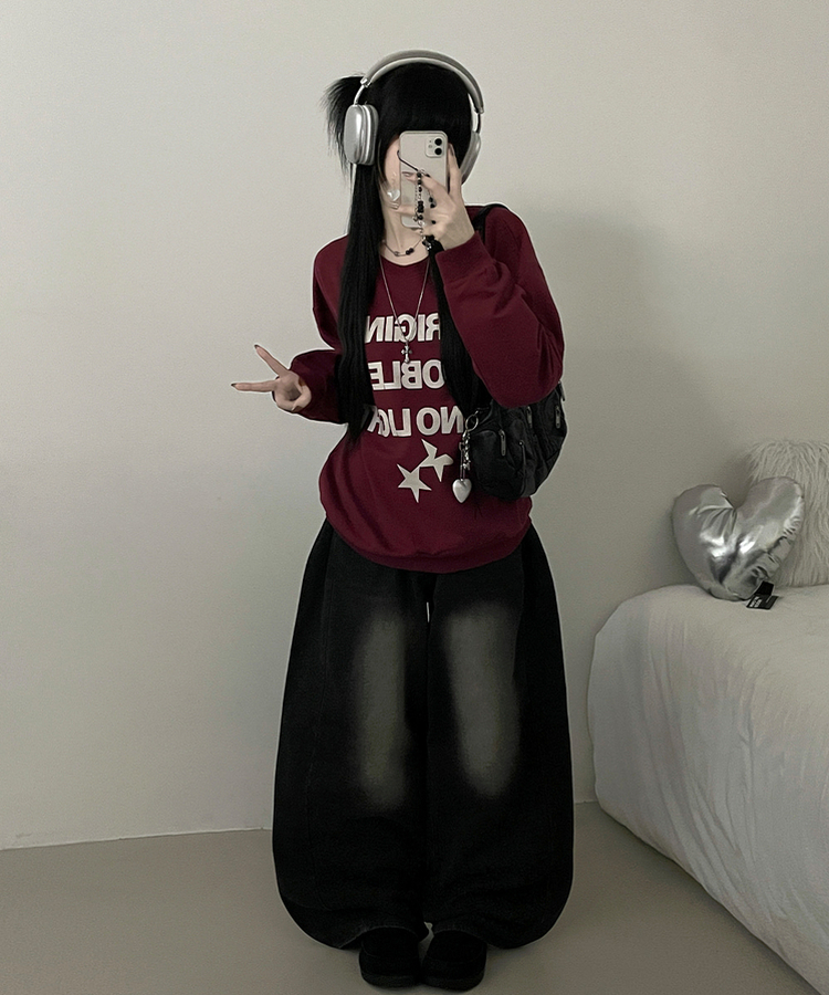 노블레터링스타프린팅오버핏긴팔맨투맨 버건디