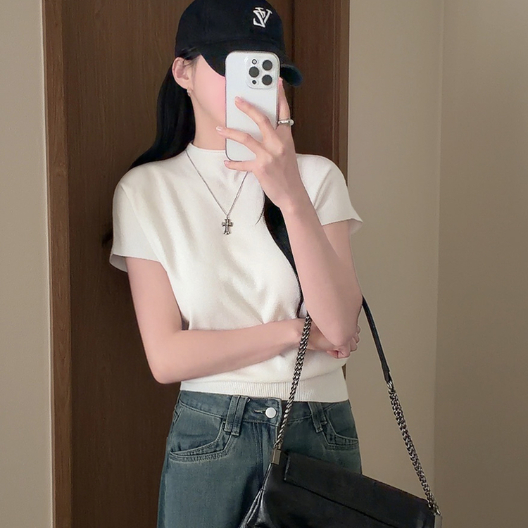 ハーフネック無地半袖Tシャツ(5color) IVORY