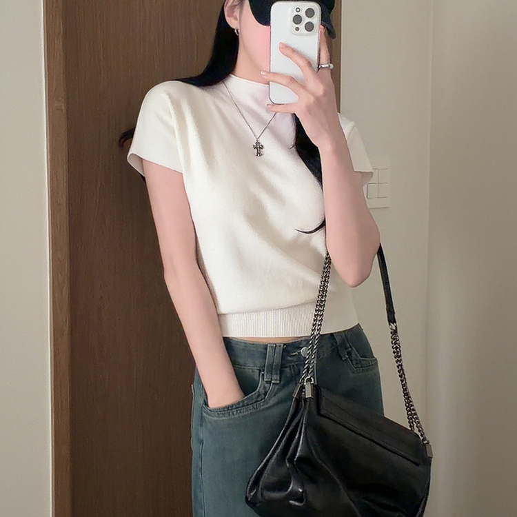 ハーフネック無地半袖Tシャツ(5color) IVORY