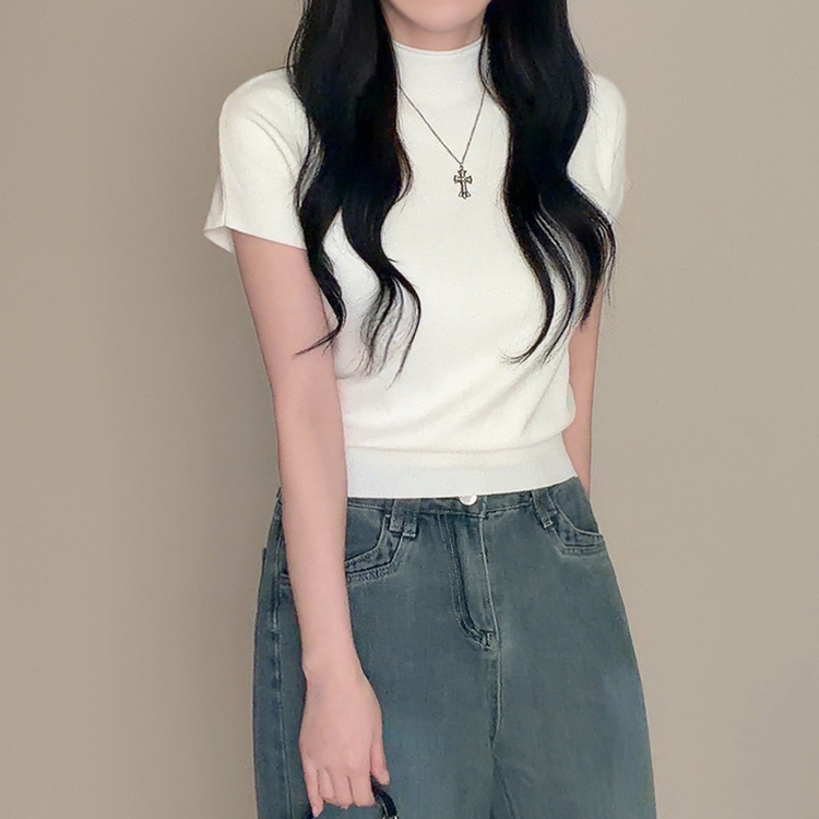 ハーフネック無地半袖Tシャツ(5color) IVORY