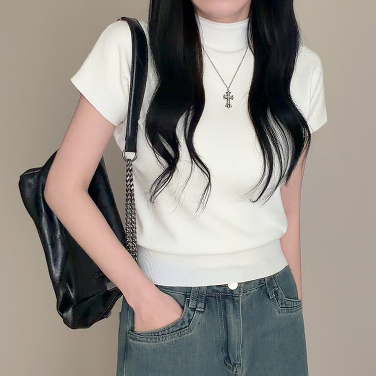 ハーフネック無地半袖Tシャツ(5color) IVORY