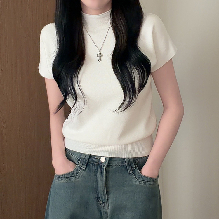 ハーフネック無地半袖Tシャツ(5color) IVORY