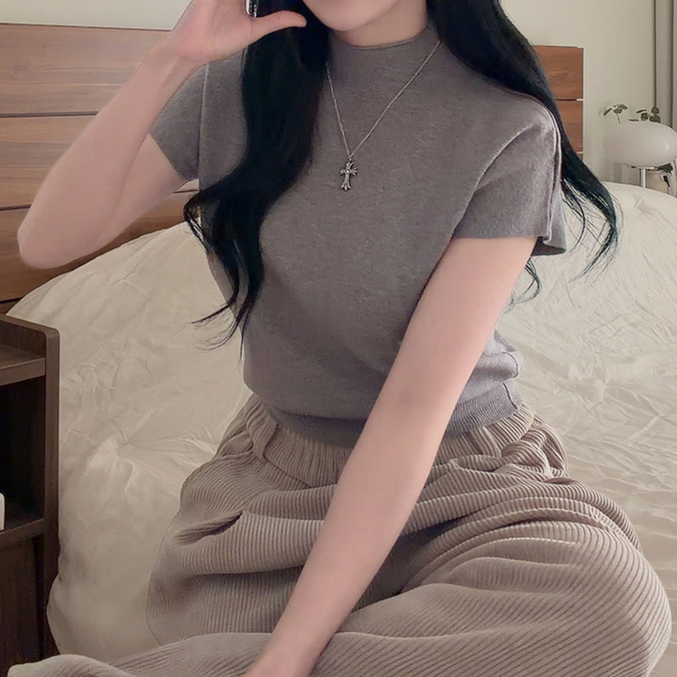 ハーフネック無地半袖Tシャツ(5color) KHAKI