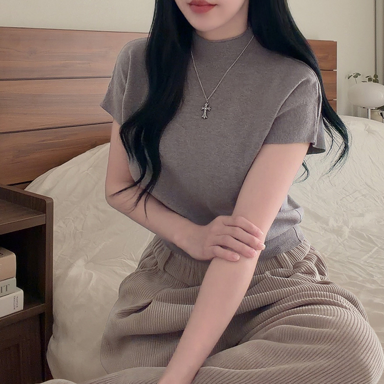 ハーフネック無地半袖Tシャツ(5color) KHAKI