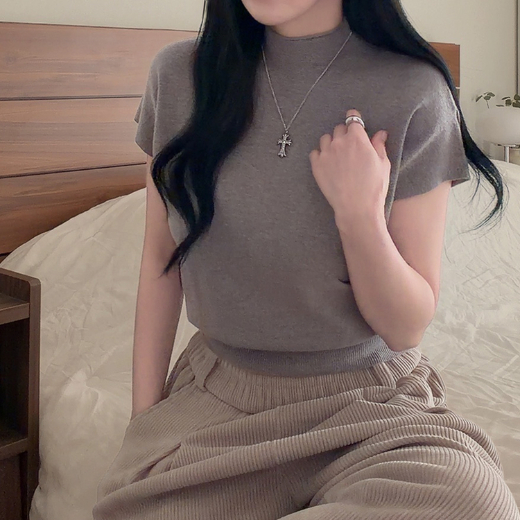 ハーフネック無地半袖Tシャツ(5color) KHAKI