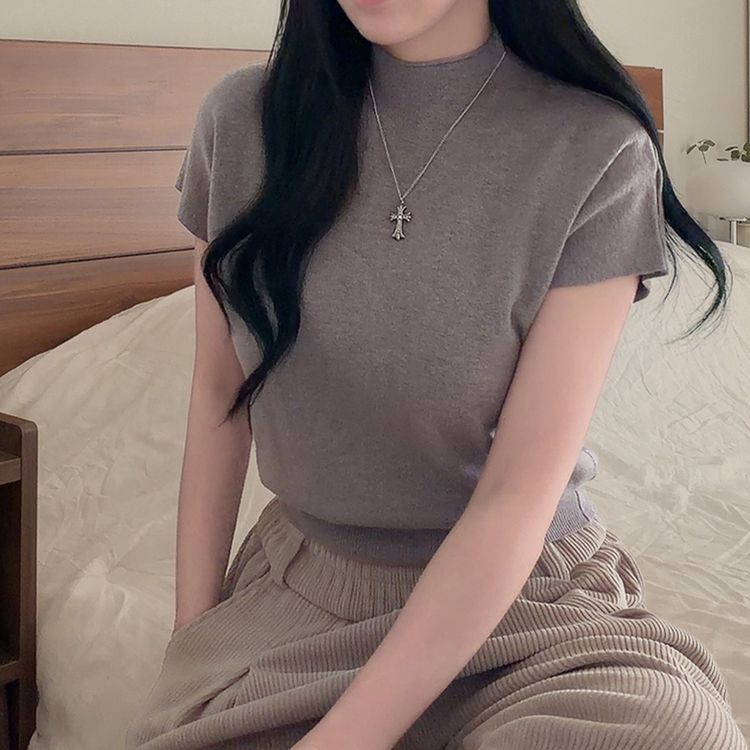 ハーフネック無地半袖Tシャツ(5color) KHAKI