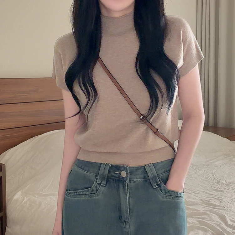 ハーフネック無地半袖Tシャツ(5color) BEIGE