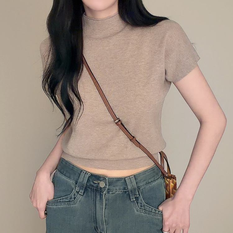 ハーフネック無地半袖Tシャツ(5color) BEIGE